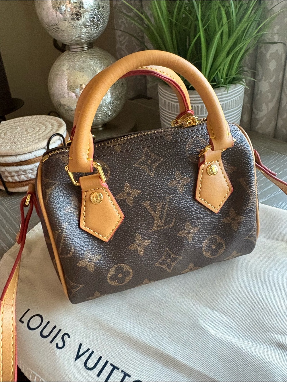 FASHION Brown Monogram Mini Satchel with Tan Trim and strap (not adjustable)